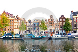 Famous Amsterdam houses - background isolated on white. Various traditional houses in the downtown of Amsterdam. Amsterdam,