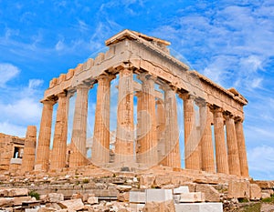 Famous ancient Parthenon Greek temple dedicated to the goddess Athena on a bright sunny day on the Acropolis in Athens, Greece