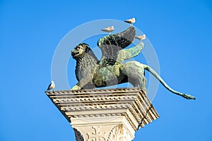 The famous ancient winged lion sculpture in central Venice