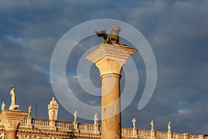 The famous ancient winged lion sculpture on the Piazza San Marco Saint Mark`s Square in Venice, Italy