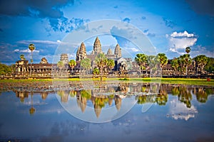 Famous Angkor Wat temple complex in sunset, Cambodia.