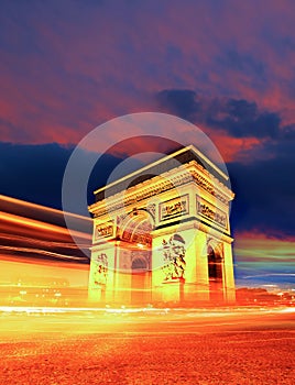 Arc de Triomphe at night in Paris, France