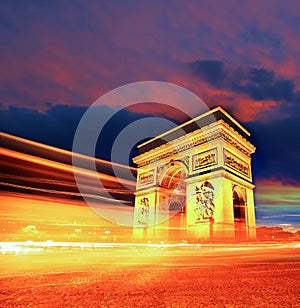 Arc de Triomphe at night in Paris, France