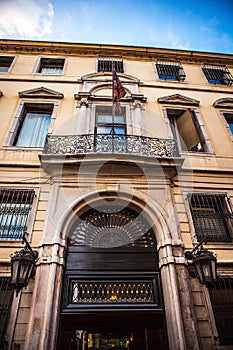 Famous architectural monuments and colorful facades of old medieval buildings close-up n Venice, Italy.