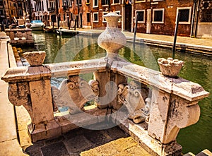 Famous architectural monuments and colorful facades of old medieval buildings close-up n Venice, Italy.