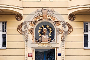 The famous Art Nouveau architecture exterior U Kapinu apartment house in Prague