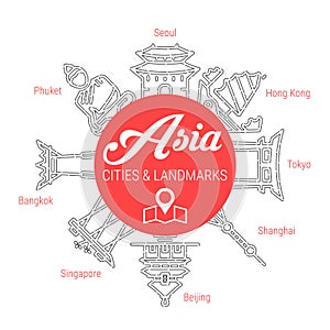 Famous Asian Landmarks. Line Vector Icon Set