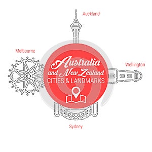 Famous Australian and New Zealand Landmarks. Line Vector Icon Set