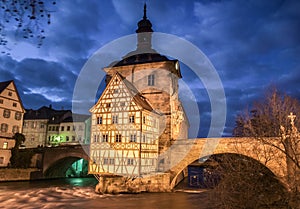 Famous Bamberg town hall with Regnitz river at night, Bavaria, Germany