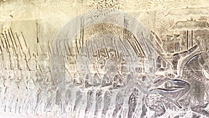 The famous bas-relief on the inside wall of the first floor of the Angkor Wat temple in Siem Reap, Cambodia