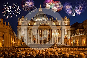 Basilica di San Pietro with firework, Rome, Vatican, Italy