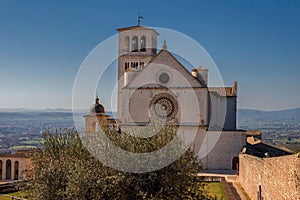 Famous Basilica of St. Francis of Assisi (Basilica Papale di San Francesco) at day in Assisi, Umbria, Italy.