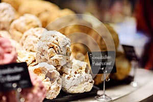 Famous Bavarian pastry - Snowball. Candy, pastry and gingerbread in confectionery