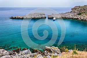 Famous bay at Lindos on the Rhodes Island. St Paul`s bay - Greece