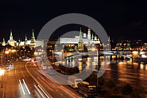 Famous and Beautiful Night View of Moskva river, Big Stone Bridge and Moscow Kremlin Palace with Churches in the summer, Russia
