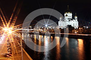 Famous and Beautiful Night View of Moskva river and Cathedral of