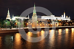 Famous and Beautiful Night View of Moskva river and Moscow Kremlin Palace and Churches in the summer, Russia