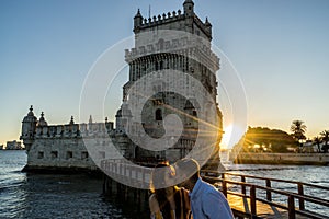 The famous Belem Tower of Lisbon Portugal at sunset.