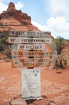 Famous Bell Rock in Sedona in Arizona Red rock country, USA. Family ready for their trail on famous Bell Rock