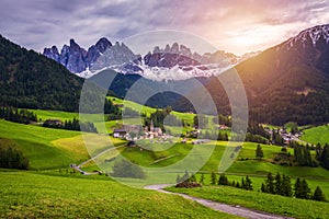 Famous best alpine place of the world, Santa Maddalena (St Magdalena) village with magical Dolomites mountains in background, Val