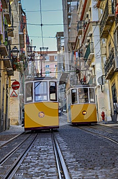 Famous Bica Funicular Elevador da Bica or Ascensor da Bica, the third oldest of all, inaugurated in 1892, in district of Baixa- photo