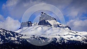 The famous Black Tusk and the smaller Bishop`s Mitre peak in the Garibaldi Mountain Range near Whistler, British Columbia, Canada