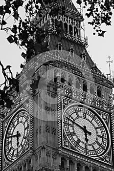 Famous black and white Big Ben clock tower in Lond