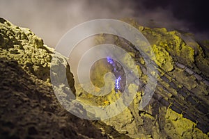 Famous the Blue fire inside the crater of the Ijen volcano on Java Island, Indonesia, where miners collect sulfur that