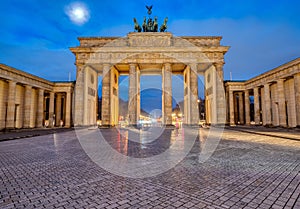 The famous Brandenburg Gate in Berlin at dawn