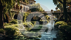 Famous bridge arches over ancient pond, reflecting nature sunset beauty generated by AI