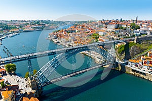 Famous bridge Ponte dom Luis above old town of Porto at river Duoro, Portugal