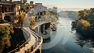 Famous bridge reflects sunset, man made beauty in tranquil nature generated by AI