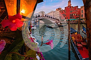 Famous bridge of Rialto or ponte di Rialto over Grand Canal, Venice, Italy. Iconic travel destination of UNESCO world