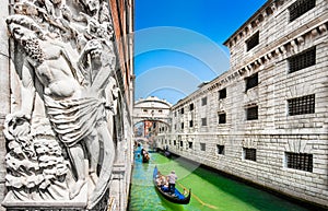 Famous Bridge of Sighs with Doge's Palace and gondolas in Venice, Italy