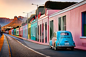 Famous bright color retro car parked by colorful houses in Bo Kaap district in Cape Town.