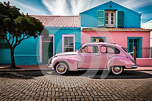 Famous bright color retro car parked by colorful houses in Bo Kaap district in Cape Town.