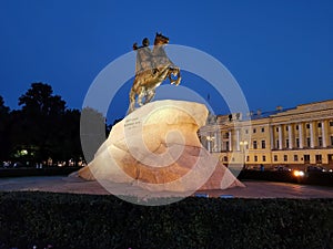 The famous `Bronze Horseman` illuminated at night