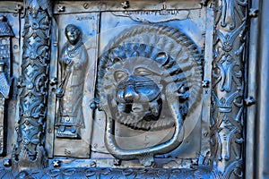 Famous bronze west entrance gates of St.Sophia Cathedral in Veliky Novgorod