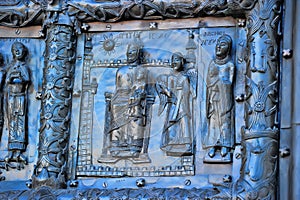 Famous bronze west entrance gates of St.Sophia Cathedral in Veliky Novgorod