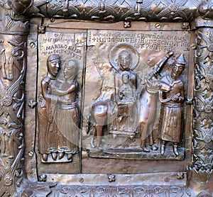 Famous bronze west entrance gates of St.Sophia Cathedral in Veliky Novgorod