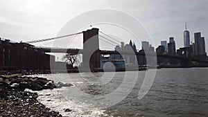 The famous Brooklyn bridge and Manhattan bridge over the East River in New York, the bridge is a hybrid cable-stayed suspension