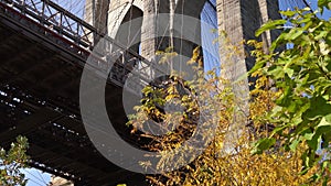 Famous Brooklyn Bridge, view from Brooklyn Bridge Park underneath. Fall colors on beautiful Sunny day without People