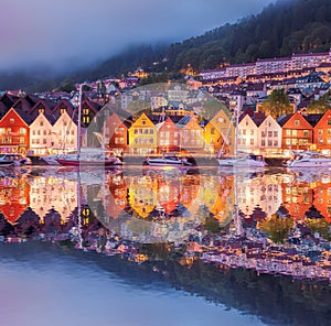 Famous Bryggen street in Bergen, UNESCO World Heritage Site, Norway