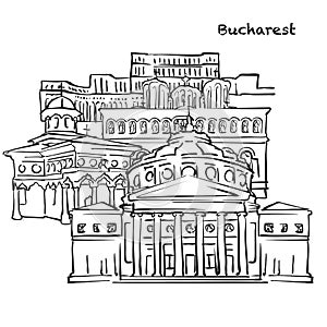 Famous buildings of Bucharest vector sketch photo