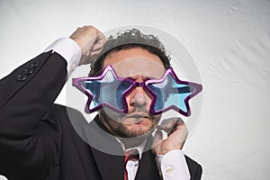 Famous, businessman with glasses stars, crazy and funny achiever