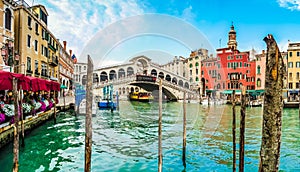 Famous Canal Grande with historic Rialto Bridge in Venice, Italy