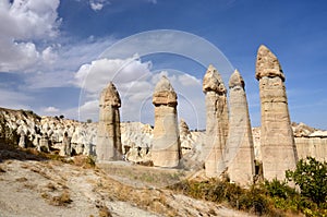 Famous Cappadocian landmark - stone `phalluses`,unique volcanic rock pillars,Love Valley,Turkey,Europe