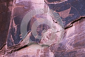 Famous carved anasazi petroglyphs in the Monument Valley Navajo Tribal Park, Arizona