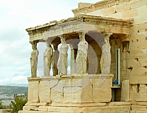 The Famous Caryatid Porch of the Erechtheum Ancient Greek Temple on the Acropolis of Athens, Greece