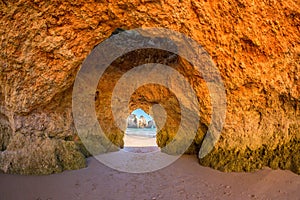 Famous caves in a beach rock formation in the Algarve, Portugal.